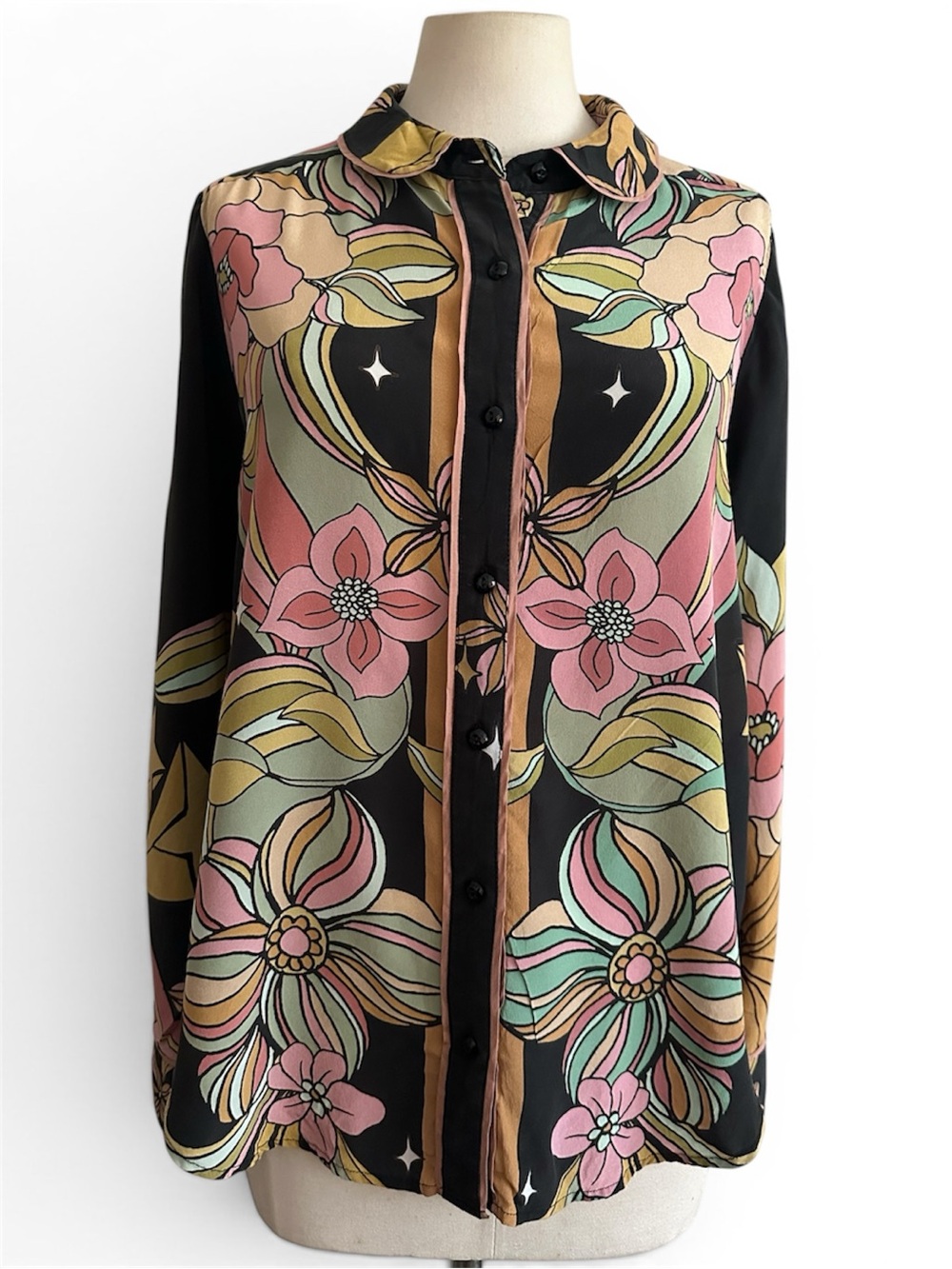 Johnny Was LUZ PIPED BLOUSE Floral SILK Button-Up Blouse RETRO Sz Large